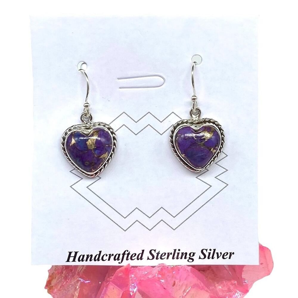 Kingman Purple Turquoise Earrings Solid Sterling Silver 925 Dangle Drop Hearts